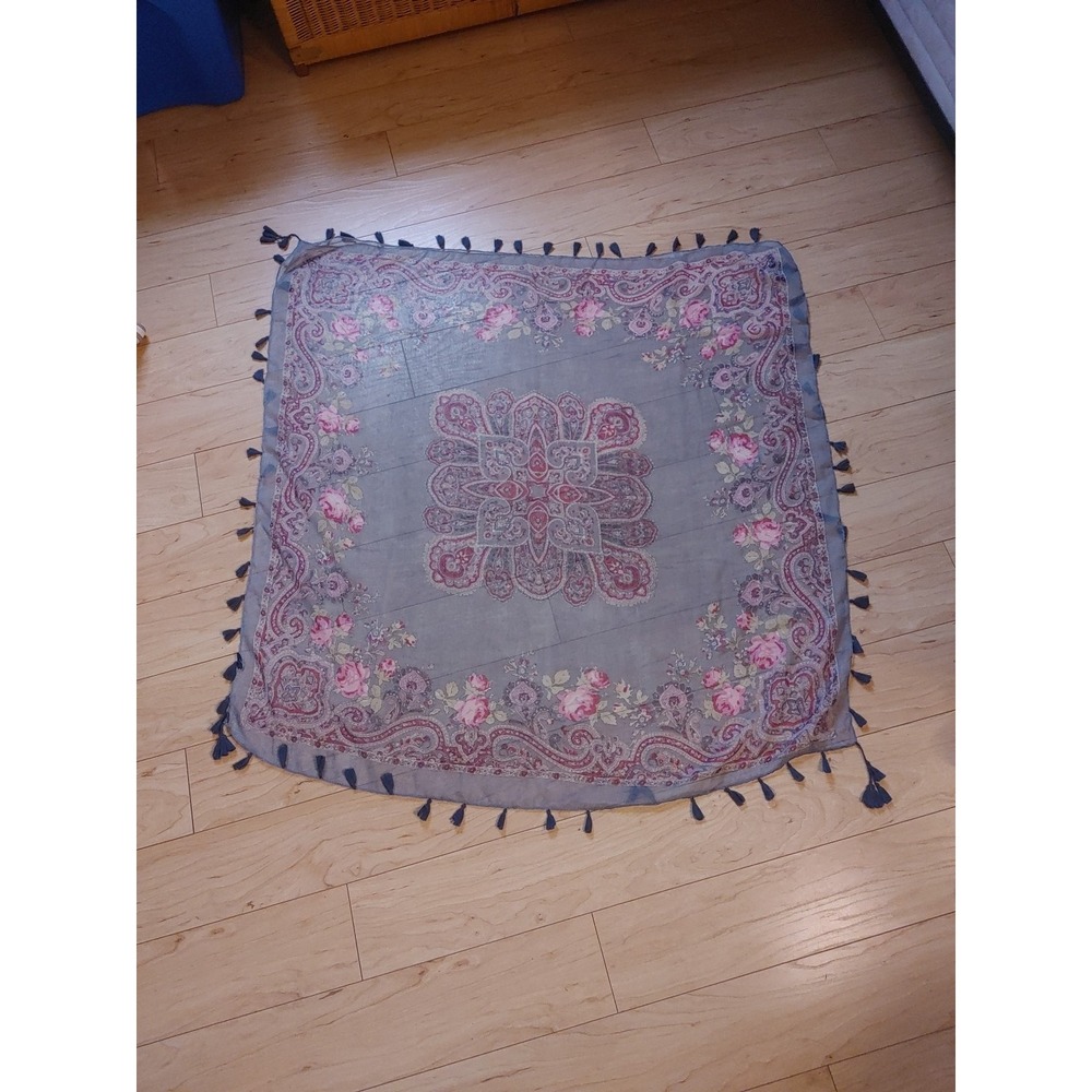 Floral Grey Pink Roses Sheer Shawl Scarf w/ Tassle Square Warm Season Scarf - Picture 2 of 3